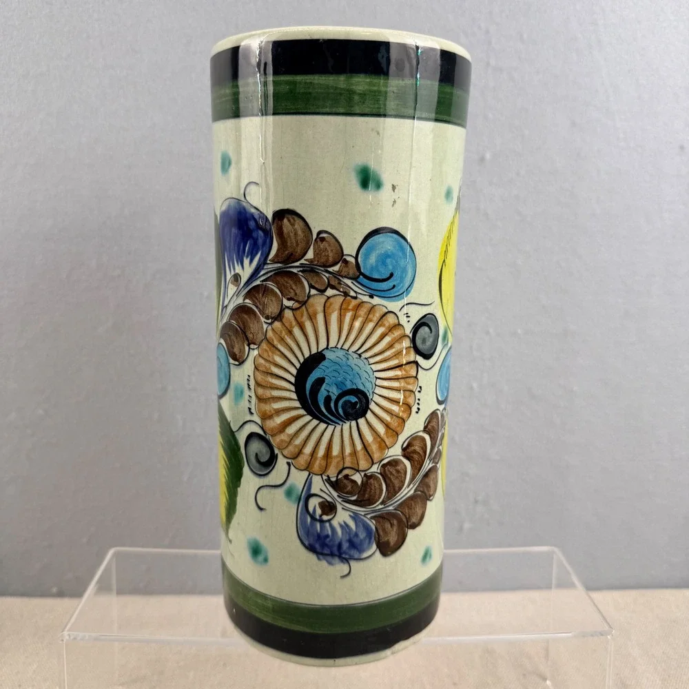 Vintage‎ Tonala Mexican Art Pottery Tall Cylinder Vase Hand Painted Floral 10.5